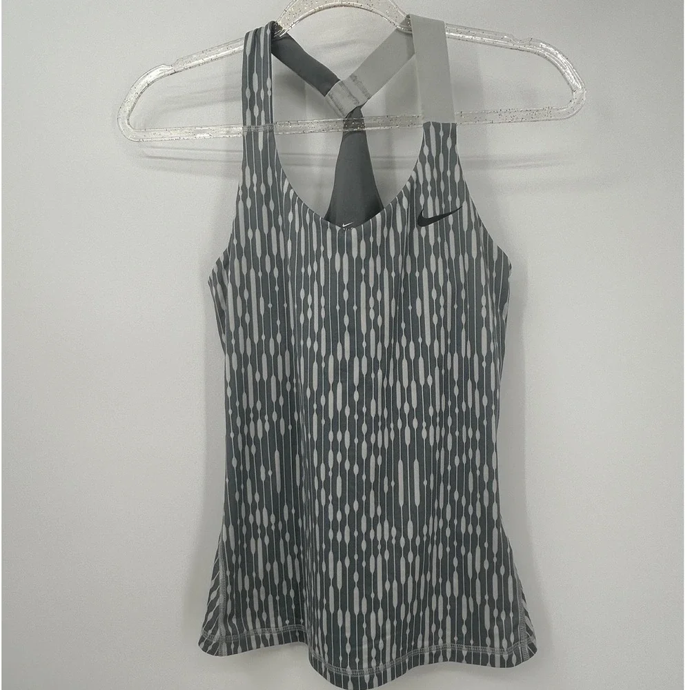 Nike Dri-FIT Womens Small Grey Geometric Racerback Tank Top Built-In Bra